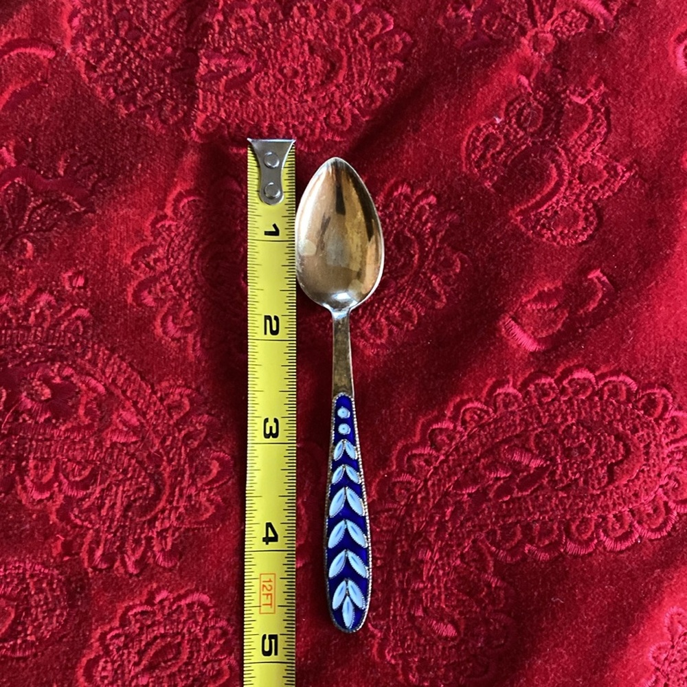 925 Silver Gilded Blue Enamel Whit Leaf Spoon Antique